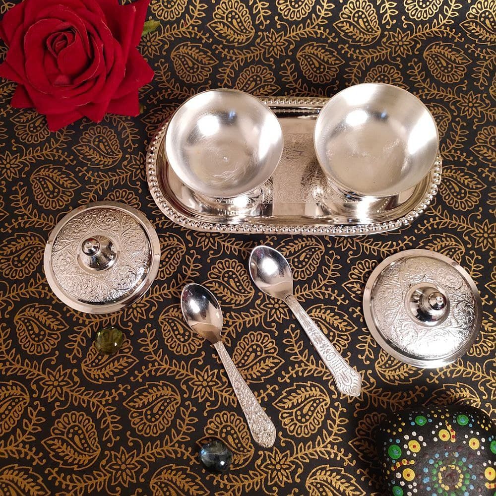 SILVER Bowl Set of 2 With Spoon & Tray