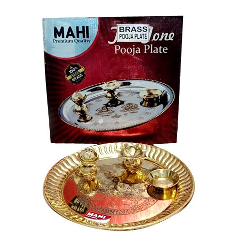 Brass Pooja Plate | Thali for Home & Temple with Deepak, Small Bowl, Incense Sticks Stand