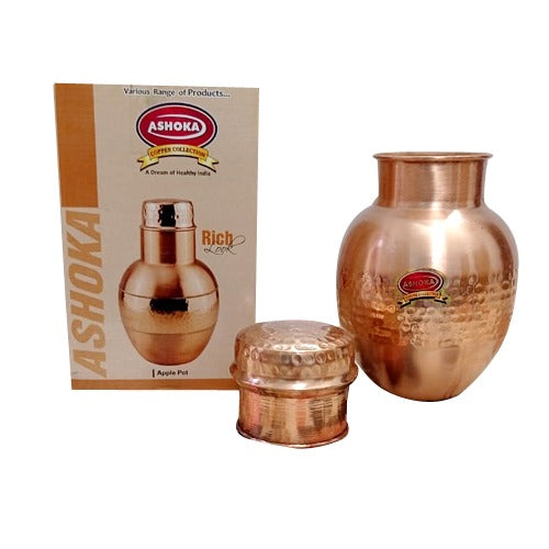 Designer Water Bottle, Apple Pot, Handmade Pure Copper Traditional Big Surahi with Lid Tremendous Art Work Capacity=2000 ml with Hammered Design Pure Copper Badroom Small Bottle