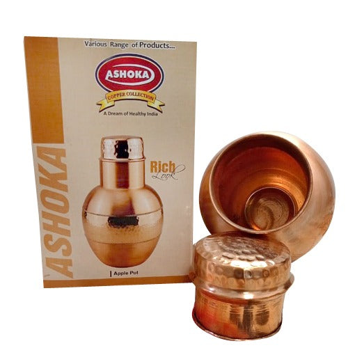 Designer Water Bottle, Apple Pot, Handmade Pure Copper Traditional Big Surahi with Lid Tremendous Art Work Capacity=2000 ml with Hammered Design Pure Copper Badroom Small Bottle