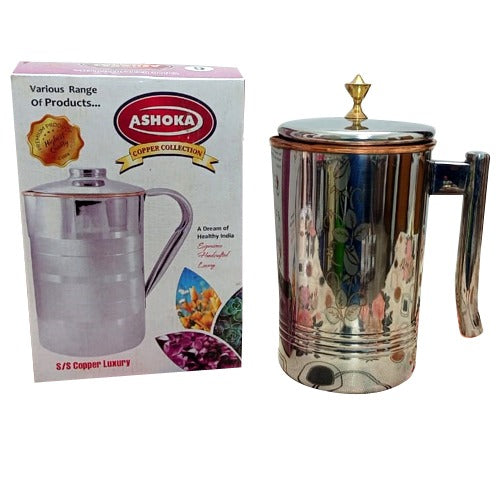 Kitchen Wares Water Pitcher Flower Print Outside Stainless Steel Utensils Inside Copper Jug for Ayurveda Healing 2 LTR