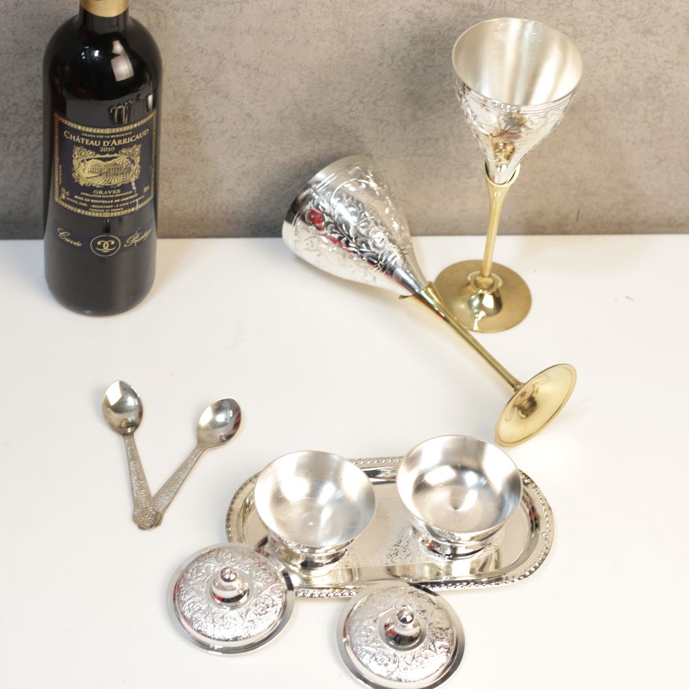 GERMAN SILVER and BRASS - WINE GLASS AND SUPARI BOWL HAMPER