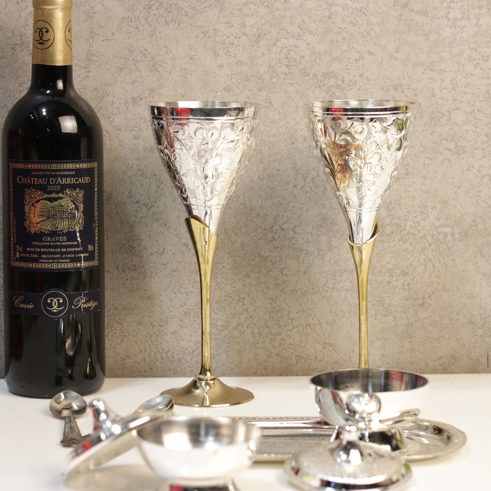 GERMAN SILVER and BRASS - WINE GLASS AND SUPARI BOWL HAMPER