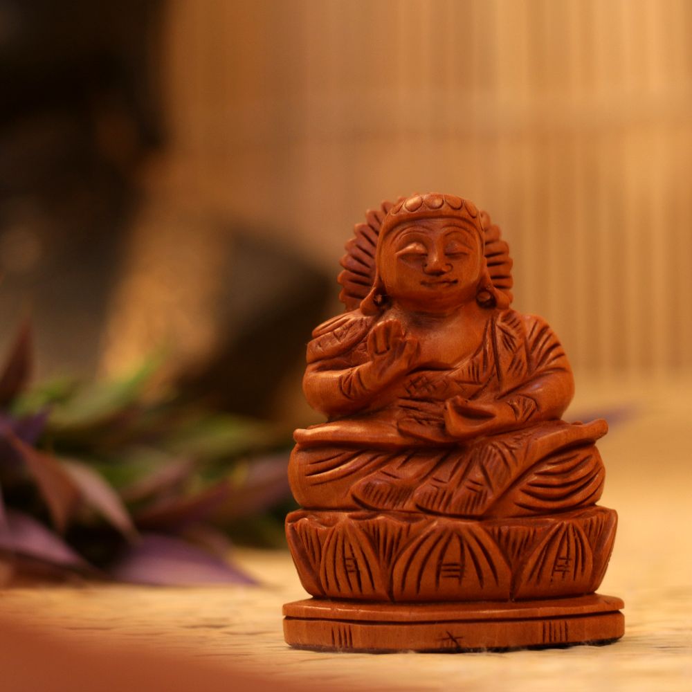 WOODEN BUDHA ON LOTUS 3"INCH