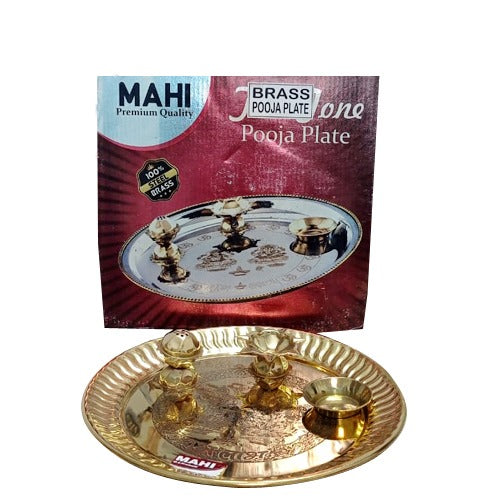 Brass Pooja Plate | Thali for Home & Temple with Deepak, Small Bowl, Incense Sticks Stand