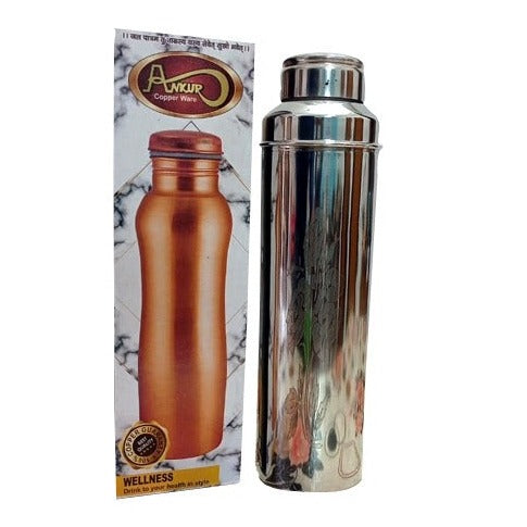 Water Bottle Combo Stainless Steel Outer with Lazer Embossed and Inside Pure Copper