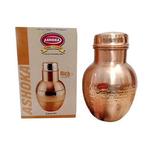 Designer Water Bottle, Apple Pot, Handmade Pure Copper Traditional Big Surahi with Lid Tremendous Art Work Capacity=2000 ml with Hammered Design Pure Copper Badroom Small Bottle