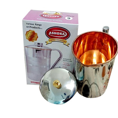 Kitchen Wares Water Pitcher Flower Print Outside Stainless Steel Utensils Inside Copper Jug for Ayurveda Healing 2 LTR